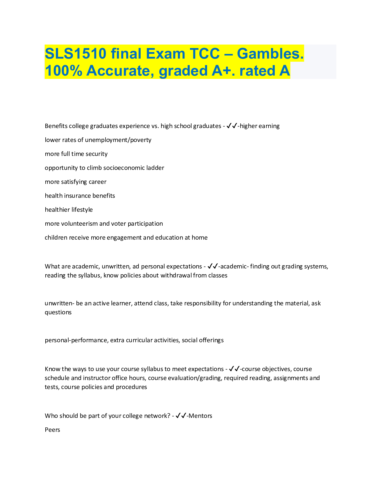 Preview image for SLS1510 final Exam TCC – Gambles. 100% Accurate, graded A+. rated A